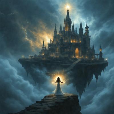 The primary subject of the image is a woman standing on a rocky cliff, with a castle in the background. The setting is a cloudy sky, and the visual style is a digital art illustration. The colors and mood of the image are dramatic and moody, with the woman's glowing light adding a sense of magic to the scene.